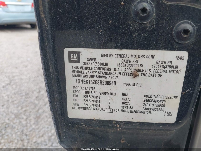 2003 Chevrolet Tahoe Lt VIN: 1GNEK13Z63R200940 Lot: 43284591