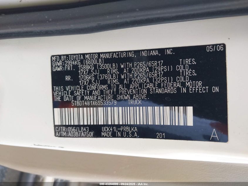 2006 Toyota Tundra Limited V8 VIN: 5TBDT481X6S533579 Lot: 43284599