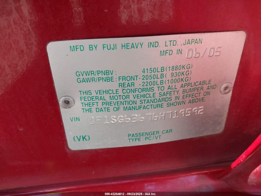 2006 Subaru Forester 2.5X VIN: JF1SG63676H719592 Lot: 43284612