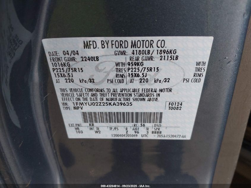 2005 Ford Escape Xls VIN: 1FMYU02Z25KA39635 Lot: 43284614