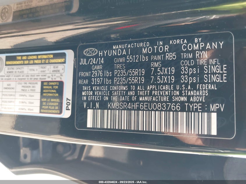 2014 HYUNDAI SANTA FE LIMITED - KM8SR4HF6EU083766