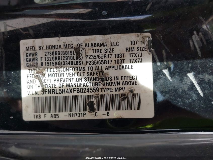 2015 Honda Odyssey Ex VIN: 5FNRL5H4XFB024559 Lot: 43284628