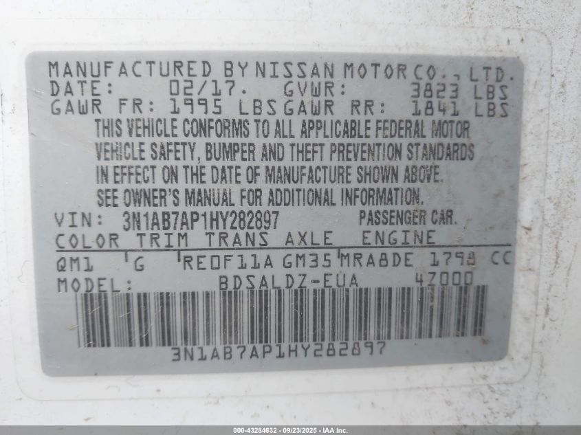 2017 Nissan Sentra Sv VIN: 3N1AB7AP1HY282897 Lot: 43284632