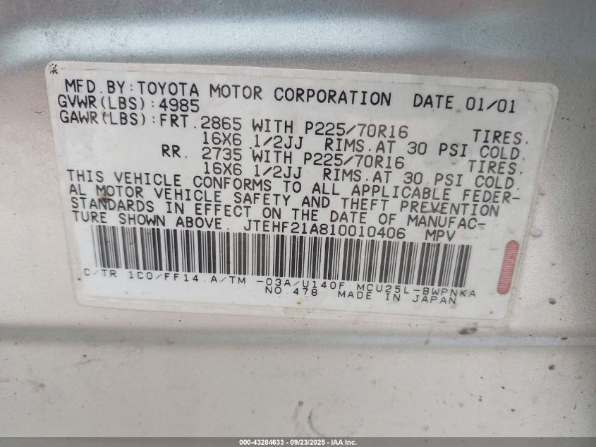 2001 Toyota Highlander V6 VIN: JTEHF21A810010406 Lot: 43284633
