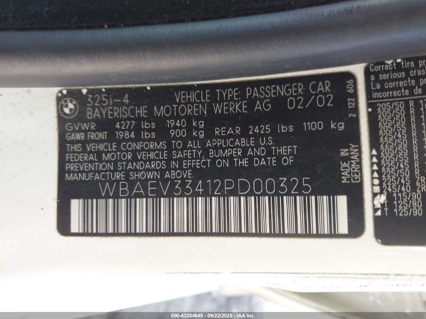 2002 BMW 325I VIN: WBAEV33412PD00325 Lot: 43284640