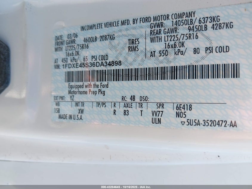 2006 Ford E-450 Cutaway VIN: 1FDXE45S36DA34898 Lot: 43284645