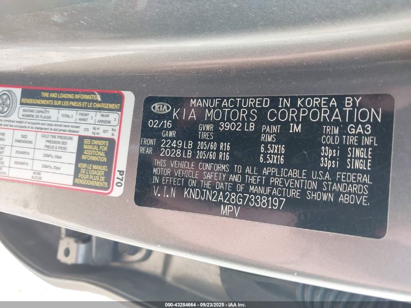 2016 Kia Soul VIN: KNDJN2A28G7338197 Lot: 43284664