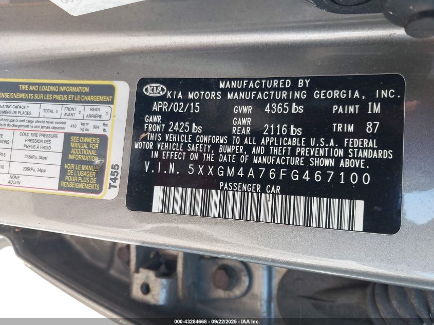 2015 Kia Optima Lx VIN: 5XXGM4A76FG467100 Lot: 43284668