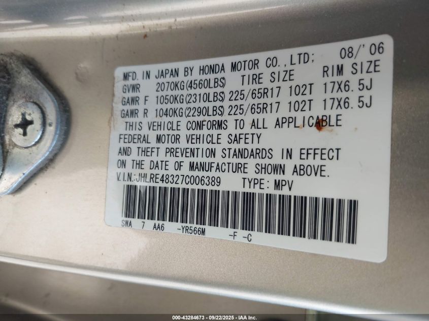 2007 Honda Cr-V Lx VIN: JHLRE48327C006389 Lot: 43284673
