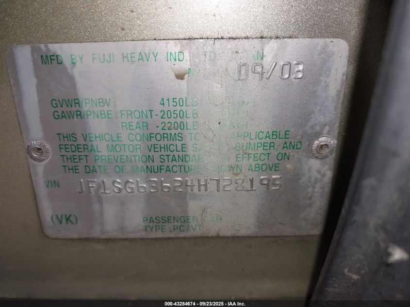 2004 Subaru Forester 2.5X VIN: JF1SG63624H728195 Lot: 43284674