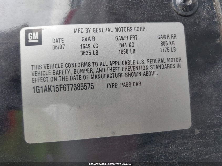 2007 Chevrolet Cobalt Ls VIN: 1G1AK15F677385575 Lot: 43284676