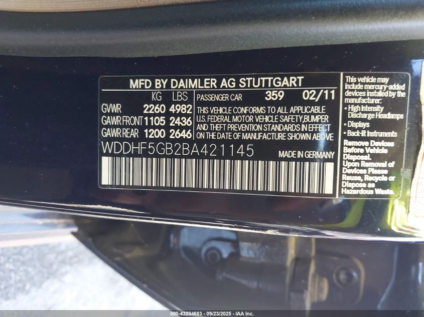 2011 Mercedes-Benz E 350 VIN: WDDHF5GB2BA421145 Lot: 43284683