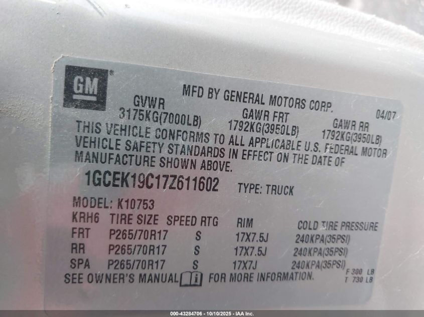 2007 Chevrolet Silverado 1500 Work Truck VIN: 1GCEK19C17Z611602 Lot: 43284706