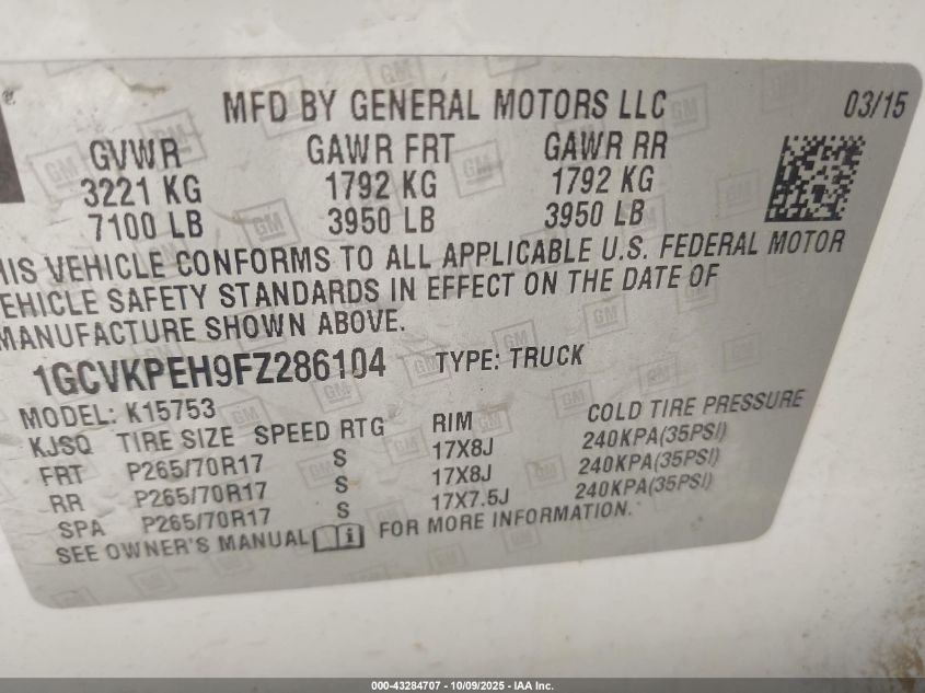 2015 Chevrolet Silverado 1500 Ls VIN: 1GCVKPEH9FZ286104 Lot: 43284707