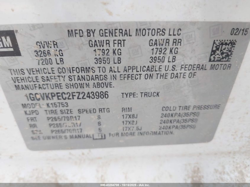 2015 Chevrolet Silverado 1500 Ls VIN: 1GCVKPEC2FZ243986 Lot: 43284708