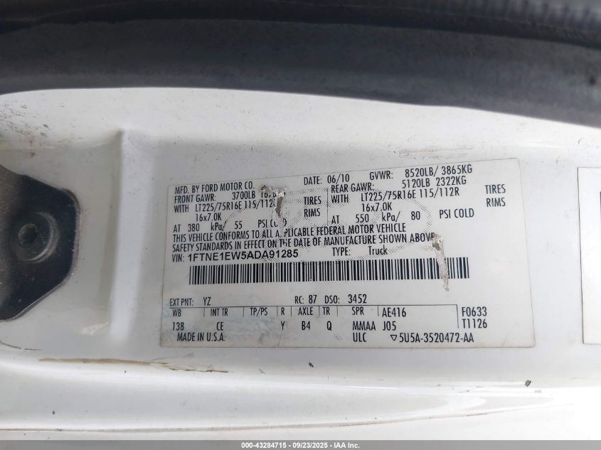 2010 Ford E-150 Commercial/Recreational VIN: 1FTNE1EW5ADA91285 Lot: 43284715