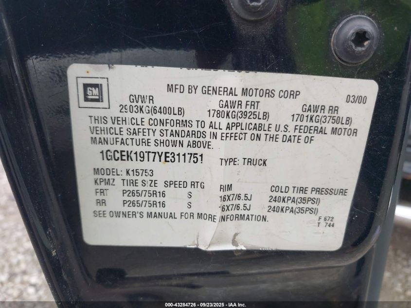 2000 Chevrolet Silverado 1500 Lt VIN: 1GCEK19T7YE311751 Lot: 43284726