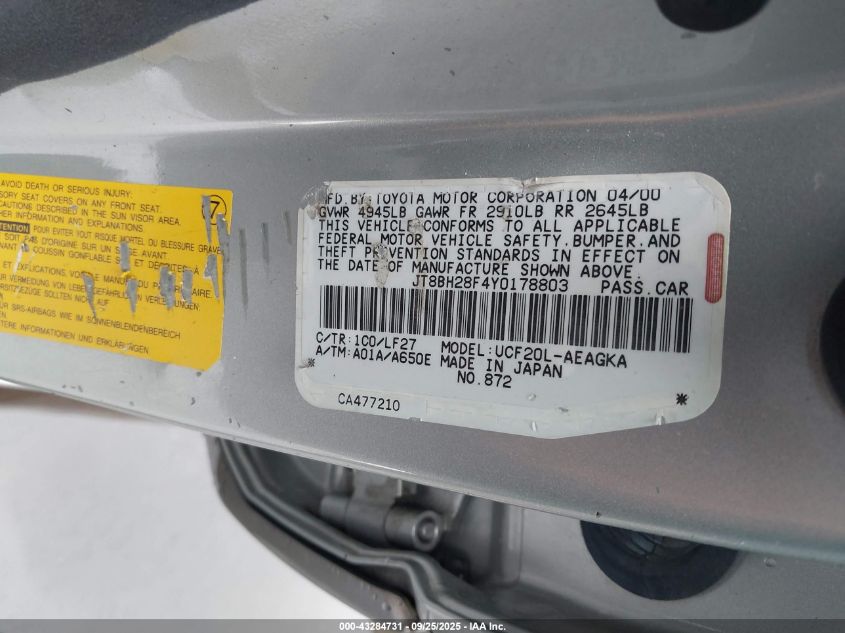 2000 Lexus Ls 400 VIN: JT8BH28F4Y0178803 Lot: 43284731