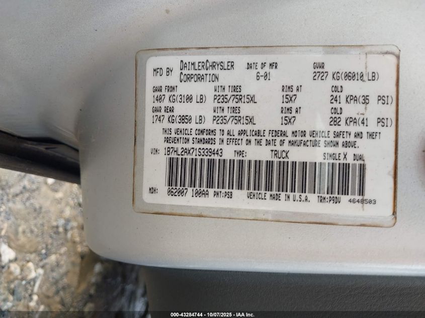 2001 Dodge Dakota Slt/Sport VIN: 1B7HL2AX71S339443 Lot: 43284744