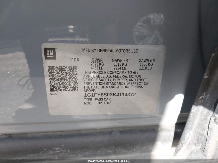 2019 Chevrolet Bolt Ev Lt VIN: 1G1FY6S03K4114372 Lot: 43284754