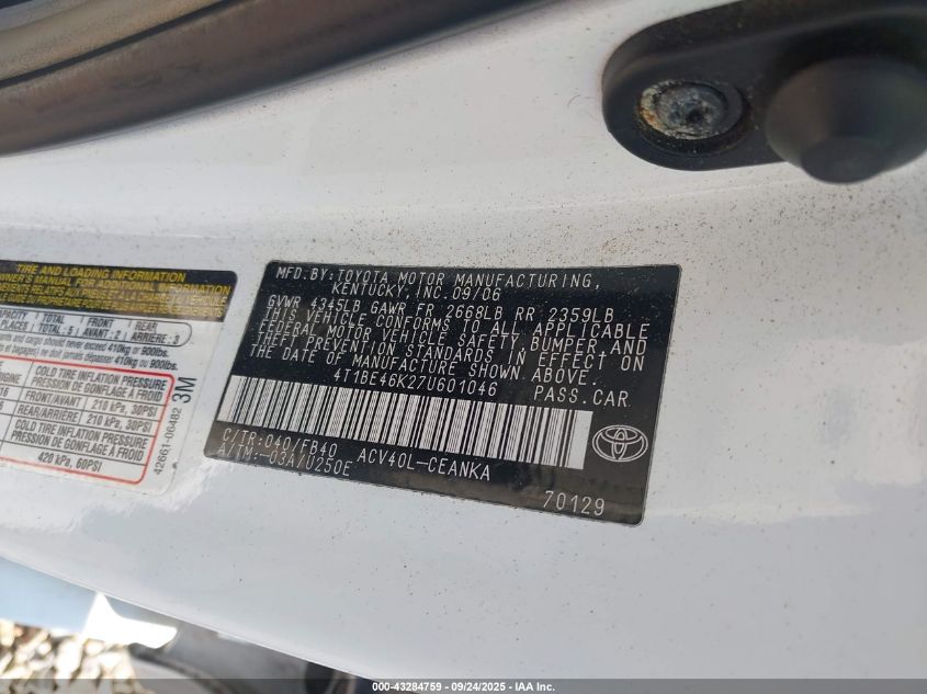 2007 Toyota Camry Le VIN: 4T1BE46K27U601046 Lot: 43284759