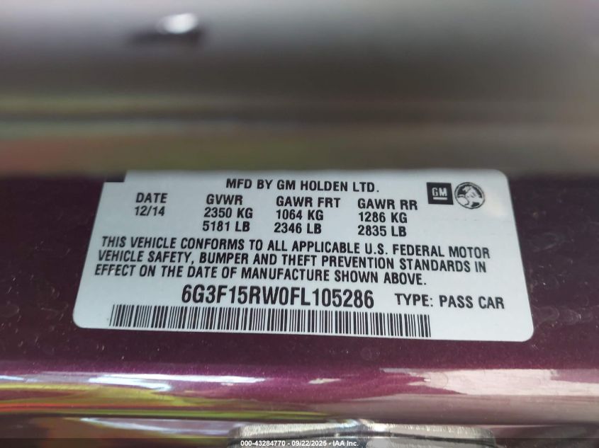 2015 Chevrolet Ss VIN: 6G3F15RW0FL105286 Lot: 43284770