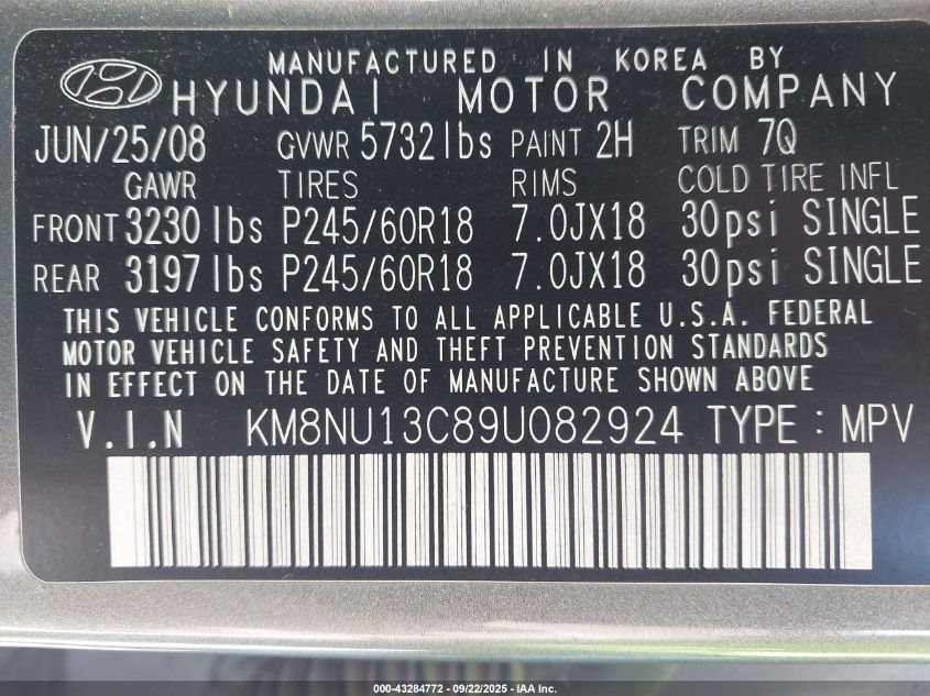 2009 Hyundai Veracruz Limited VIN: KM8NU13C89U082924 Lot: 43284772
