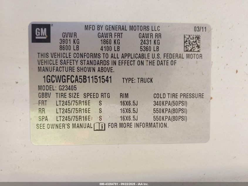 2011 Chevrolet Express 2500 Work Van VIN: 1GCWGFCA5B1151541 Lot: 43284781