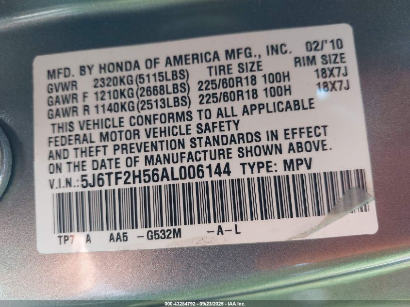 2010 Honda Accord Crosstour Ex-L VIN: 5J6TF2H56AL006144 Lot: 43284792