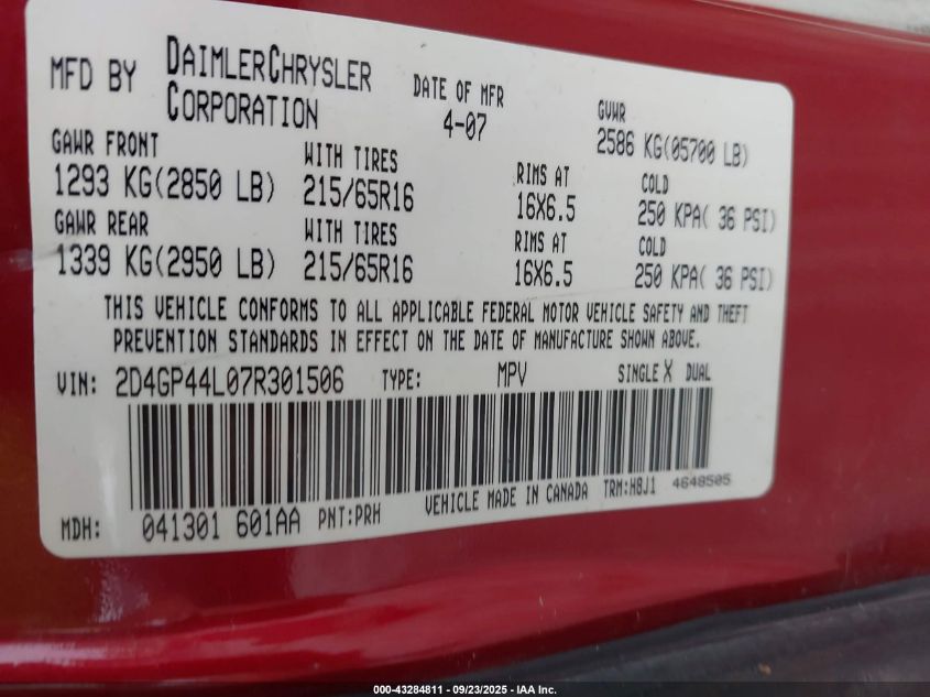 2007 Dodge Grand Caravan Sxt VIN: 2D4GP44L07R301506 Lot: 43284811