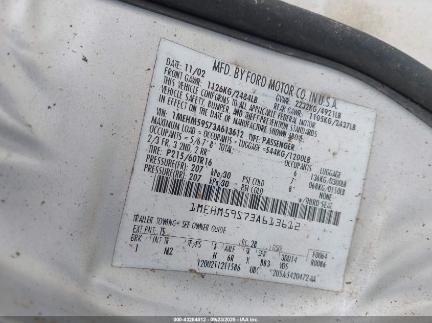 2003 Mercury Sable Ls Premium VIN: 1MEHM59S73A613612 Lot: 43284812