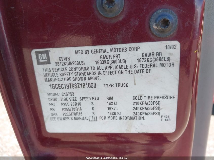 2003 Chevrolet Silverado 1500 Lt VIN: 1GCEC19T93Z181650 Lot: 43284814
