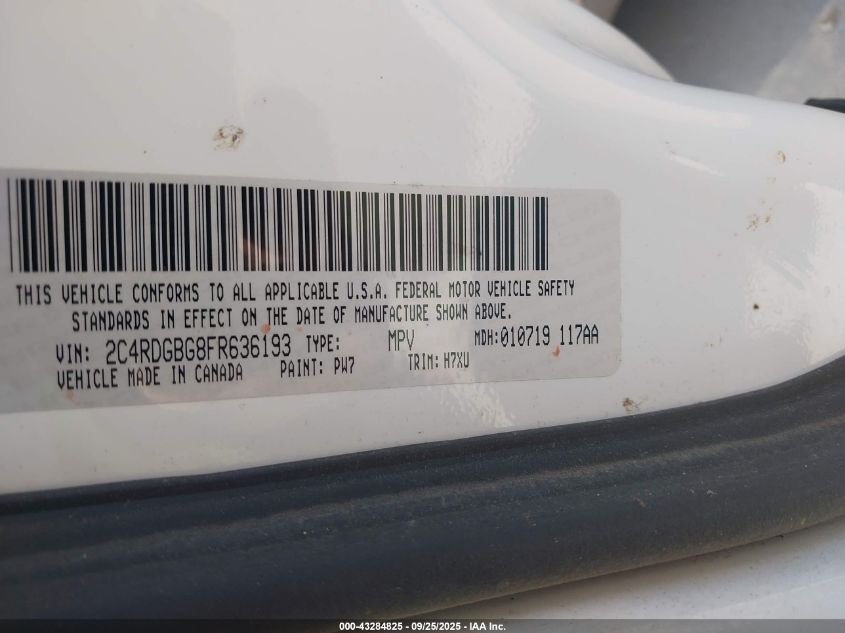 2015 Dodge Grand Caravan American Value Pkg VIN: 2C4RDGBG8FR636193 Lot: 43284825