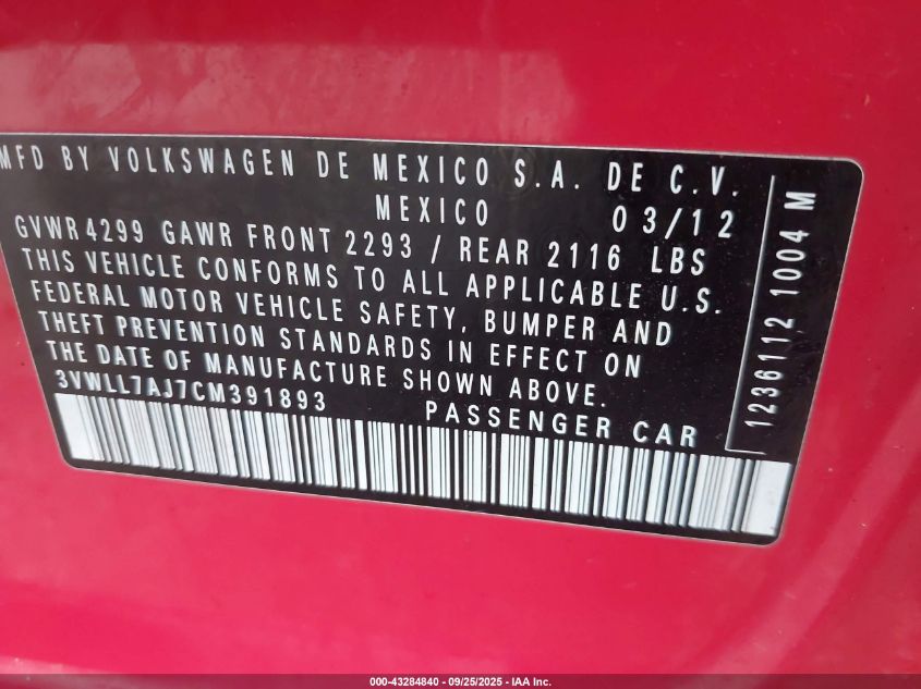 2012 Volkswagen Jetta 2.0L Tdi VIN: 3VWLL7AJ7CM391893 Lot: 43284840