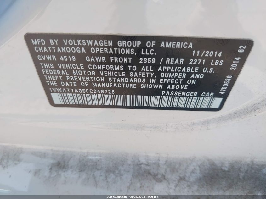 2015 Volkswagen Passat 1.8T Wolfsburg Edition VIN: 1VWAT7A35FC048725 Lot: 43284846