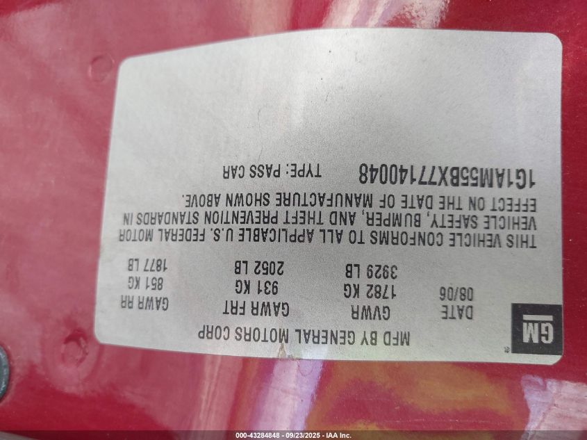 2007 Chevrolet Cobalt Ss VIN: 1G1AM55BX77140048 Lot: 43284848