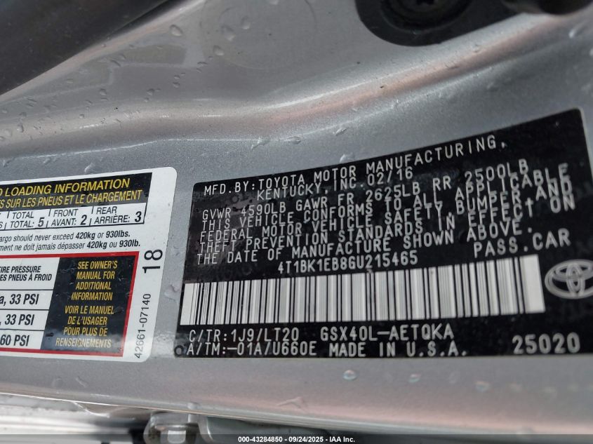 2016 Toyota Avalon Touring VIN: 4T1BK1EB8GU215465 Lot: 43284850