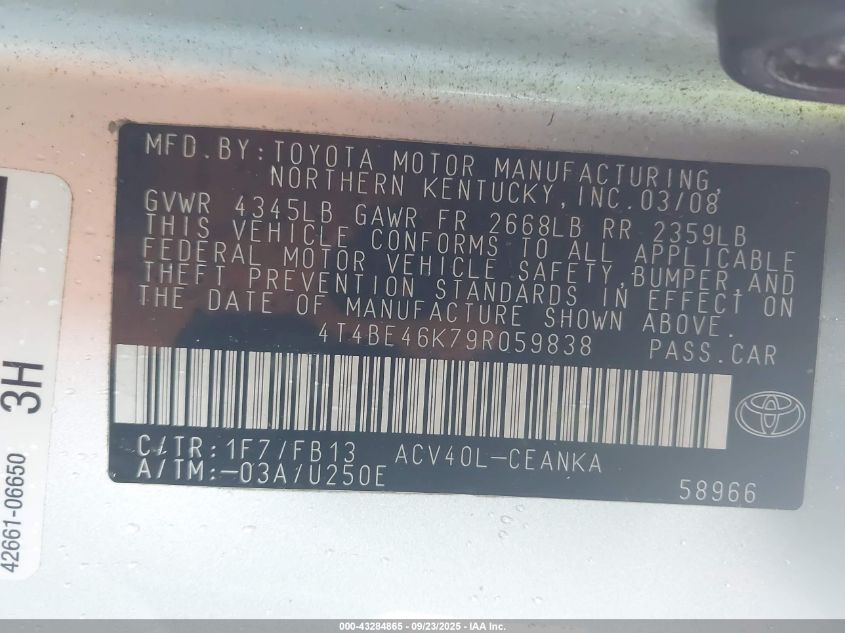 2009 Toyota Camry Le VIN: 4T4BE46K79R059838 Lot: 43284865