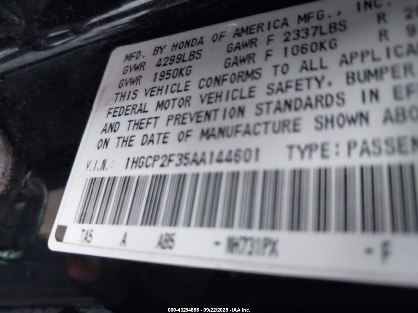 2010 Honda Accord 2.4 Lx VIN: 1HGCP2F35AA144601 Lot: 43284866