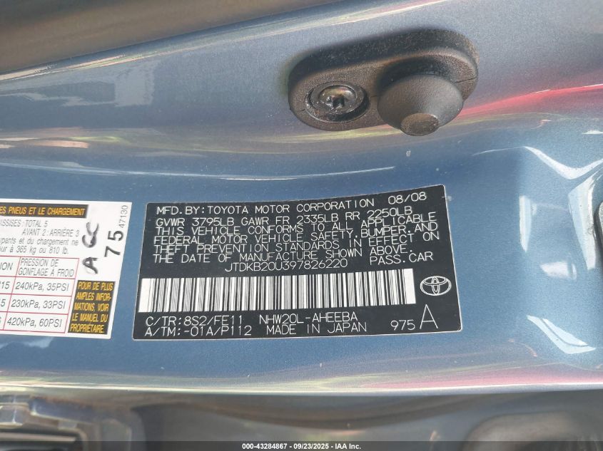 2009 Toyota Prius VIN: JTDKB20U397826220 Lot: 43284867