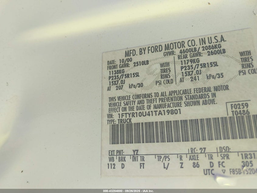 2001 Ford Ranger Edge/Xl/Xlt VIN: 1FTYR10U41TA19801 Lot: 43284880