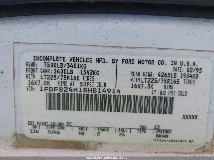 1995 Ford Econoline E250 Super Duty Van VIN: 1FDFS24H1SHB14914 Lot: 43284882