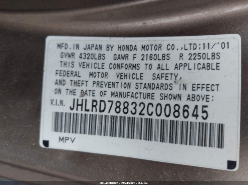 2002 Honda Cr-V Ex VIN: JHLRD78832C008645 Lot: 43284887