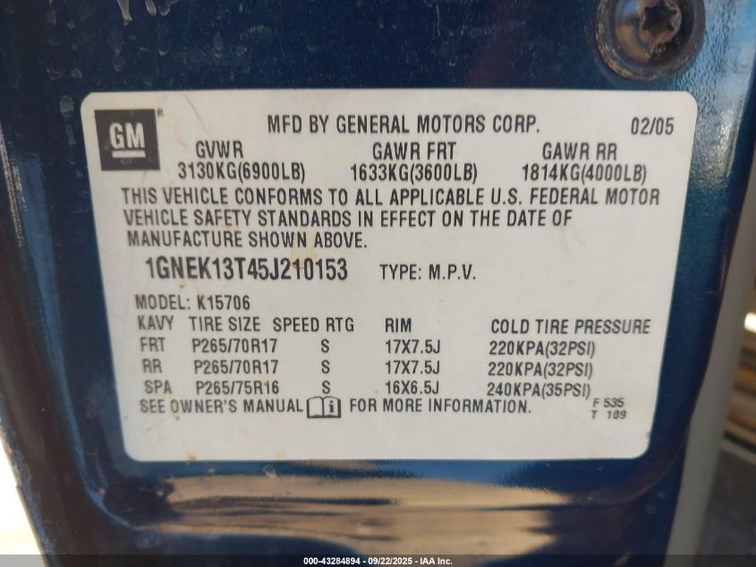 2005 Chevrolet Tahoe Lt VIN: 1GNEK13T45J210153 Lot: 43284894