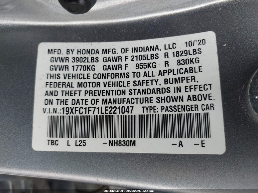 2020 HONDA CIVIC EX-L - 19XFC1F71LE221047