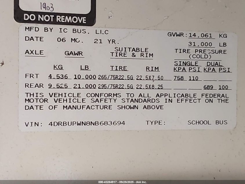 2022 Ic Corporation 3000 Ce VIN: 4DRBUPWN8NB683694 Lot: 43284917