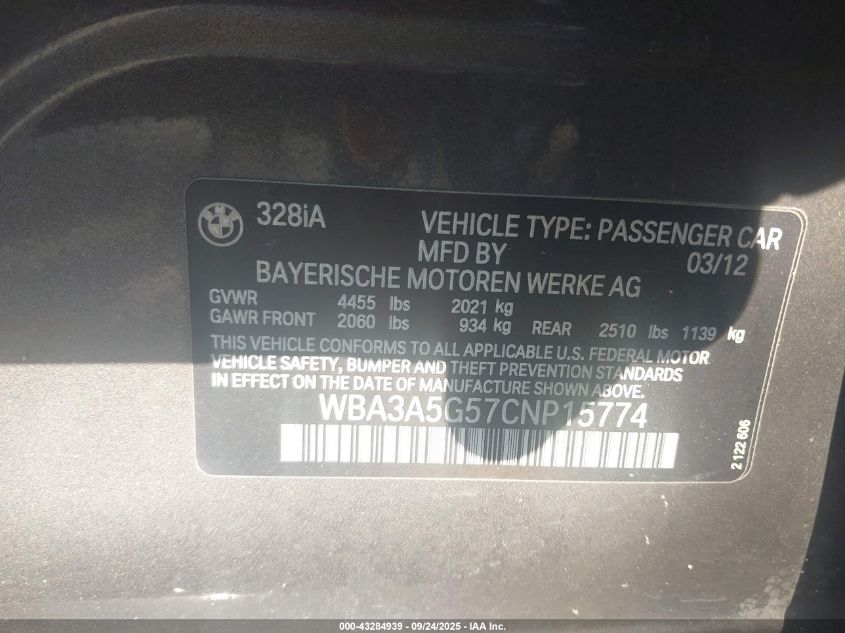 2012 BMW 328I VIN: WBA3A5G57CNP15774 Lot: 43284939