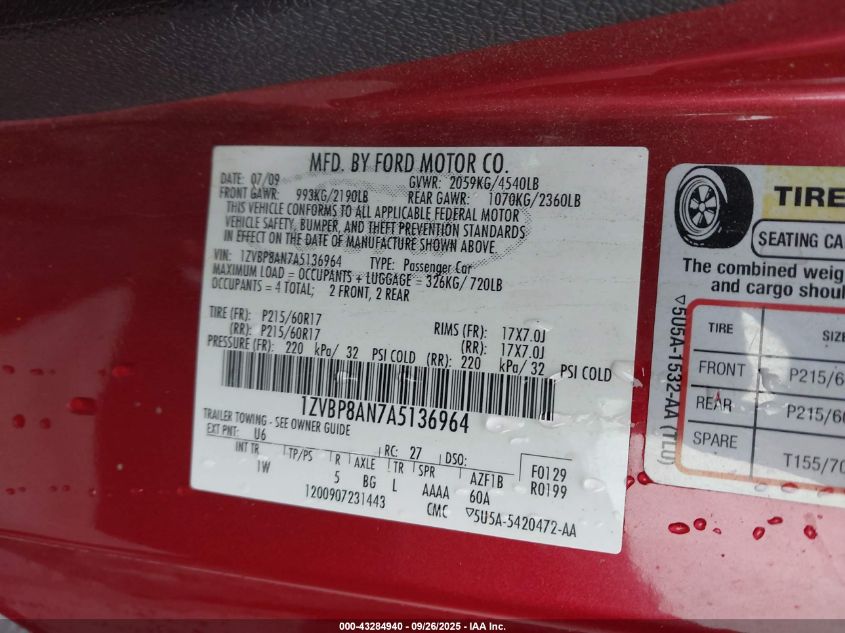 2010 Ford Mustang V6 VIN: 1ZVBP8AN7A5136964 Lot: 43284940