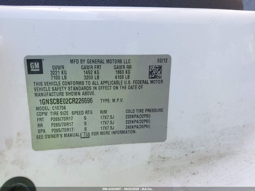 2012 Chevrolet Tahoe Lt VIN: 1GNSCBE02CR226696 Lot: 43284957