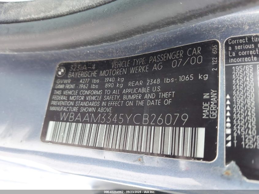 2000 BMW 323 I VIN: WBAAM3345YCB26079 Lot: 43284962